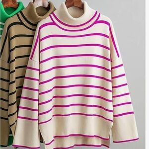 Women’s Turtleneck Striped Sweater Thick Soft Knitted Pullover Sweater
